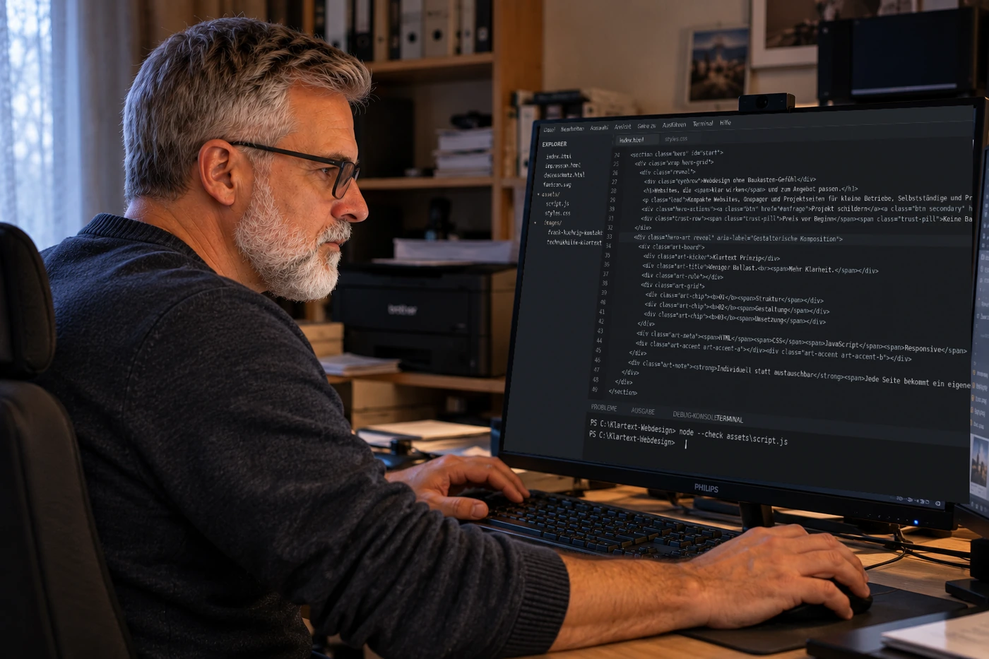 Konzentrierte Arbeit an einer Website am Computer